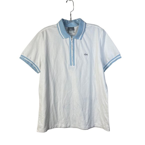 Lacoste Tops - LACOSTE White Blue Slim Fit Polo Women's Short Sleeve Shirt Cotton Blend Size 4